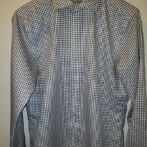 Twillory Shirt 15.5 34/35 Non Iron Safe Cotton Tailored Fit Navy Windowpane - Picture 2 of 3